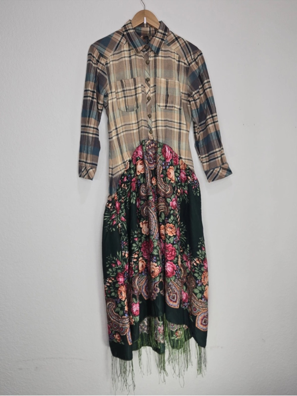 Aratta Silent Journey Washed Plaid Floral Maxi Shirt Size S Womens